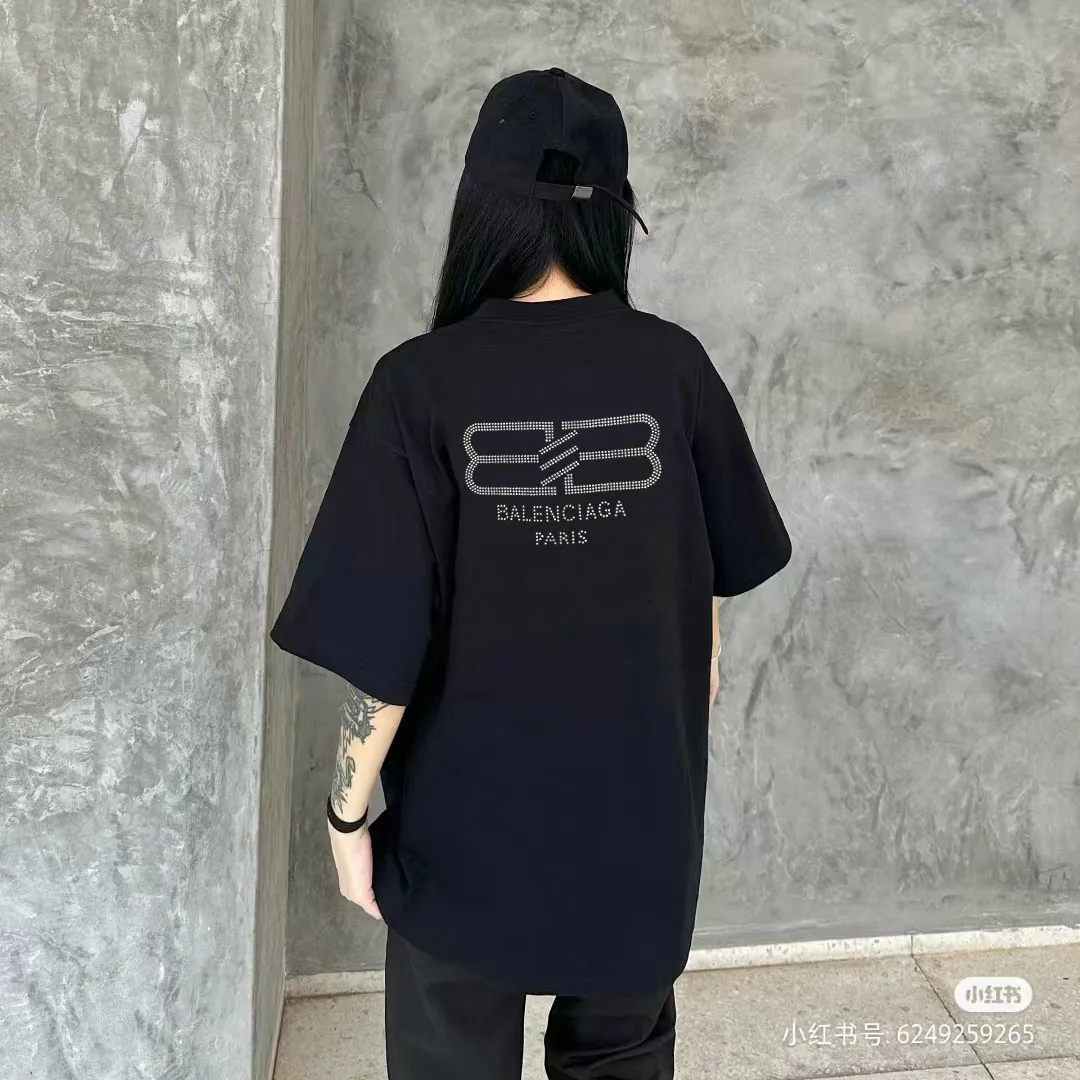 BALENCIAGA BB letter printed short-sleeved T-shirt, custom-woven and dyed 280g combed cotton fabric, zero color difference in threads, perfect details, different from the current version on the market, welcome to compare, Same Style for men and women, must-sell in the picture above Color: White Black Size: 1 2 3 4